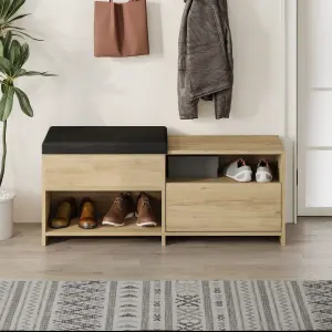 Decortie Modern Filux Shoe Bench Rack Oak Sliding Fabric Seat and 120.3(W) Storage Cabinet 2-Tier Open Shelves Hallway