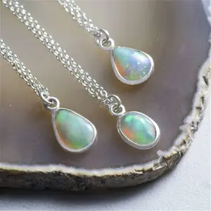 Silver Natural Opal October Birthstone Pendant Necklace