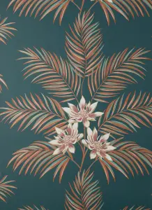 Fine Decor Bali Tropical Floral Teal Peacock Wallpaper FD43280