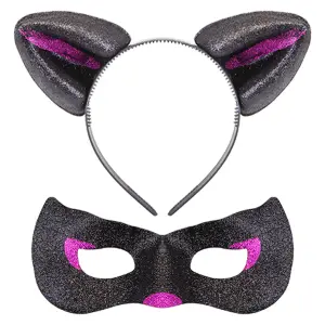 Halloween Cats Ears and Mask Set Halloween Party, Trick or Treat  Black Glitter