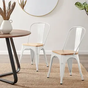 Furniturebox Set of 2 White Colton Tolix Style Stackable Industrial Metal Dining Chair With Pine Seat