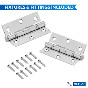 XFORT 3 Inch (75mm) Polished Chrome Ball Bearing Hinges, Steel Door Hinge for Wooden Doors (4 Pairs)