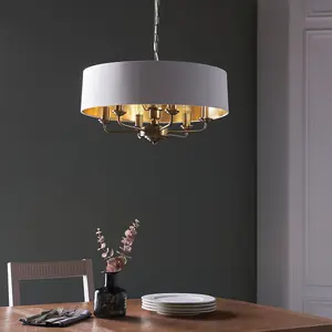 Luminosa Highclere Single Shade Pendant Ceiling Lamp, Antique Brass Plate, Vintage White Fabric