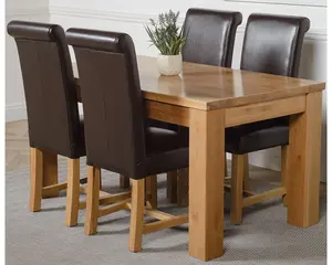 Dakota 152 x 87 cm Chunky Medium Oak Dining Table and 4 Chairs Dining Set with Washington Brown Leather Chairs