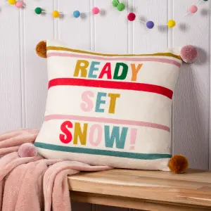 furn. Pom-Poms Ready Set Snow Printed Feather Rich Cushion