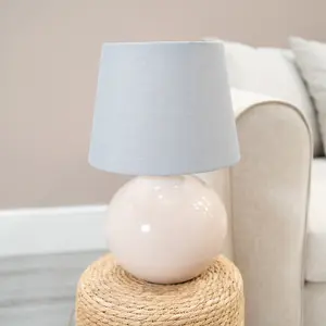 ValueLights Bosco Stone Natural Ceramic Table Lamp with Grey Tapered Shade - LED Bulb Included