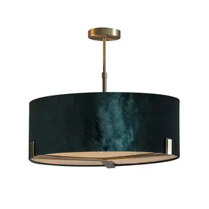 Luminosa Hayfield Multi Arm Pendant Light Matt Antique Brass Plate, Green Velvet