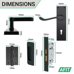 AFIT Black Victorian Scroll Door Handle Key Lock Set, 1 Pair of Internal Lever on Backplate with Hinges 76mm Sash Lock 64mm & Keys