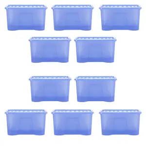 Wham Crystal Sparkle 10x 60L Plastic Storage Boxes with Lids Tint Sparkle Blue. Large Size, Strong (Pack of 10, 60 Litre)