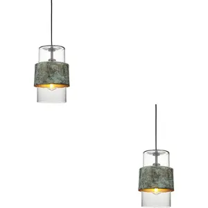 2 PACK Hanging Ceiling Pendant Light - Verdigris Bronze Plate & Clear Glass - 10W LED E27