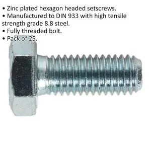 High Quality M10 x 25mm Zinc Setscrew Pack of 25 - Grade 8.8 Fully Threaded DIN 933