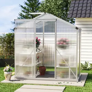 Polycarbonate Greenhouse Aluminium Framed Walk In Garden Green House with Base Foundation,Silver 6x4 ft