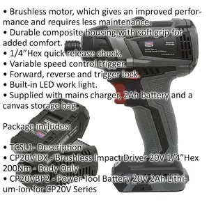 20V Brushless Impact Driver Kit - 1/4" Hex Drive - Includes Battery & Charger