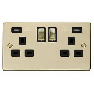 Polished Brass 2 Gang 13A DP Ingot 2 USB Twin Double Switched Plug Socket - Black Trim - SE Home