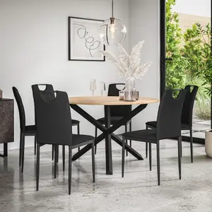 Malvern Round Dining Table And Chairs -  Oak Table Top w Solid Oak Black Legs + Monza Faux Leather Dining Chair Set Of 6 (Black)