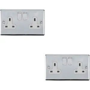 2 PACK 2 Gang Double UK Plug Socket POLISHED CHROME 13A Switched White Trim