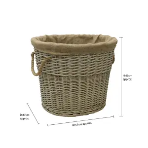 JVL Antiques Wash Canvas Lined Oval Log Basket with Rope Handles