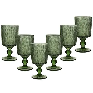 Set of 6 Vintage Luxury Green Trailing Leaf Drinking Goblet Glasses 350ml