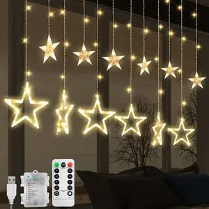 Jsdoin Christmas LED Stars Curtain Lights,12 Stars 138 Window Curtain String Lights With 8 Flashing Modes Decoration For Wedding, Party,Wall, Home