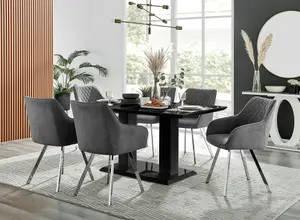 Imperia Black High Gloss 6 Seater Dining Table with Structural 2 Plinth Column Legs Dark Grey Fabric Silver Leg Falun Chairs