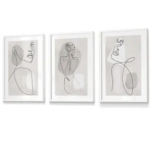 Set of 3 Grey and Beige Female Line Art Wall Art Prints Wall Art Prints / 30x42cm (A3) / White Frame