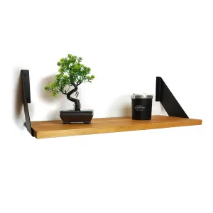 Solid Pine Rustical Shelf Light Oak with Black FLAT Bracket 25x100cm