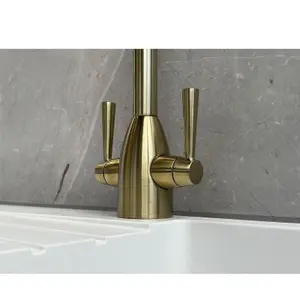 Liquida W05BG Swan Neck Monobloc Twin Lever Brushed Gold Kitchen Mixer Tap