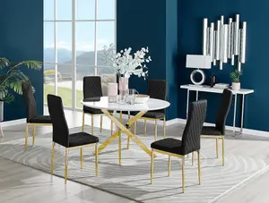 Furniturebox UK Novara White Gloss Gold Leg 120cm Round Dining Table & 6 Black Velvet Milan Gold Leg Chairs