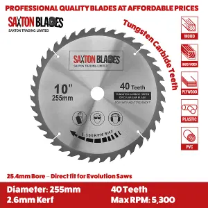 Saxton TCT25540T254B TCT Circular Saw Blade 255mm x 40 Teeth x 25.4mm Bore