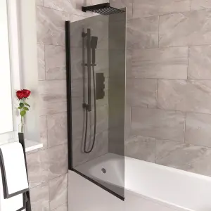 Nes Home 800mm Square Bath Screen Matt Black Profile Grey Tinted Glass Reversible  Sky