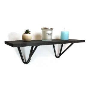 Solid Pine Rustical Shelf Black Ash Black Hairpin Bracket Style 20x110cm