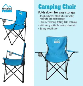 Set of 2 BLUE Folding Camping Chair With Armrest, Drink Holder & Carry Bag