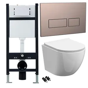 Bubly Bathrooms™ White Rimless Wall Hung Toilet Pan, Seat & 1.13m Concealed Cistern Frame - Bronze