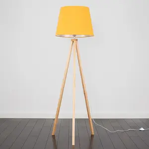 ValueLights Barbro Modern Light Wood Tripod Design Floor Lamp with Mustard Tapered Shade - Includes 6w LED GLS Bulb 3000K