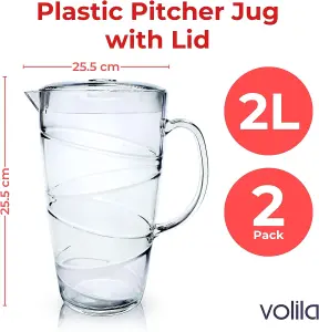 2L Plastic Jug with Lid & Vented Spout - 2-Pack Swirl Design Pitcher for Pimms, Juices, BBQs, Picnics & Garden Parties