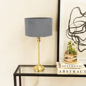 ValueLights Maggie Gold Metal Candlestick Slim Table Lamp with Grey Velvet Drum Lamp Shade and LED Bulb