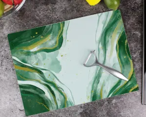 Purely Home Green & Gold Marble Glass Chopping Board - Rectangular Large Worktop Protector