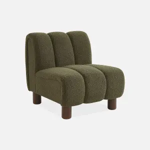 sweeek. Armchair with rounded wooden legs and khaki bouclette fabric