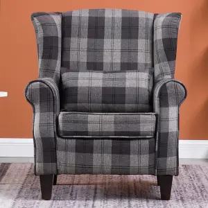 Grey Tartan Linen Wingback Armchair Tub Chair Retro Check Leisure Chair with Cushion