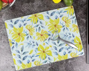 Purely Home Yellow & Blue Flowers Glass Worktop Protector - Large Chopping/Cutting Board Gift