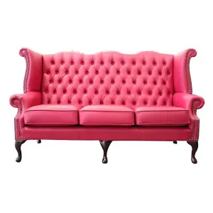 Chesterfield 3 Seater High Back Wing Sofa Shelly Anemone Leather In Queen Anne Style