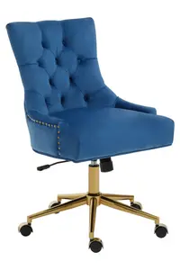 Interiors by Premier Luxury Blue Velvet Home Office Chair, Comfortable Blue Office Desk Chair with Gold Base, Modern Chair