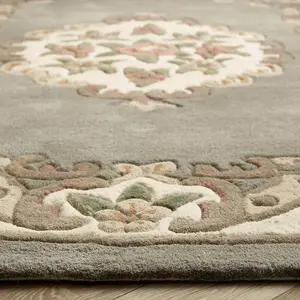 Grey Traditional Wool Rug, Handmade Rug with 25mm Thickness, Grey Floral Rug for Bedroom, & Dining Room-120cm (Circle)