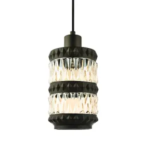 Traditional Can Shaped Pendant Shade in Matte Black with Amber Glass Sections