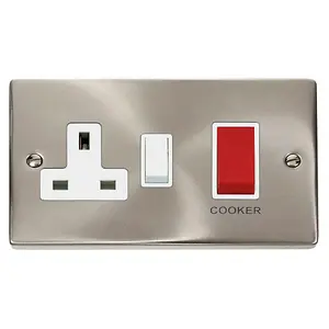 Satin / Brushed Chrome Cooker Control 45A With 13A Switched Plug Socket - White Trim - SE Home