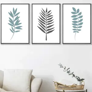 Set of 3 Graphical Blue Grey Leaves Wall Art Prints / 42x59cm (A2) / Dark Grey Frame