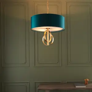 Antique Gold Ceiling Pendant Light & Teal Satin Shade - 3 Bulb Hanging Fitting