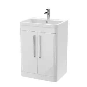 Floor Standing 2 Door Vanity Unit with Polymarble Basin - 600mm - Gloss White