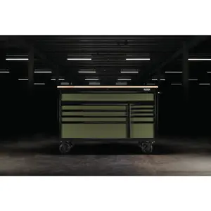 BUNKER Workbench Roller Tool Cabinet, 10 Drawer, 56", Green 08236