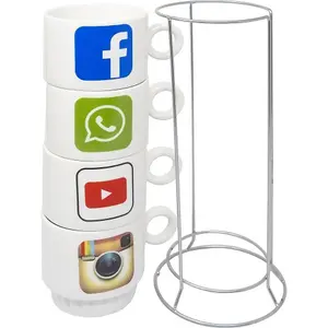 Pack Of 4 Social Media Mugs With Holder Stand Tea Coffee Drinking Hot Drinks